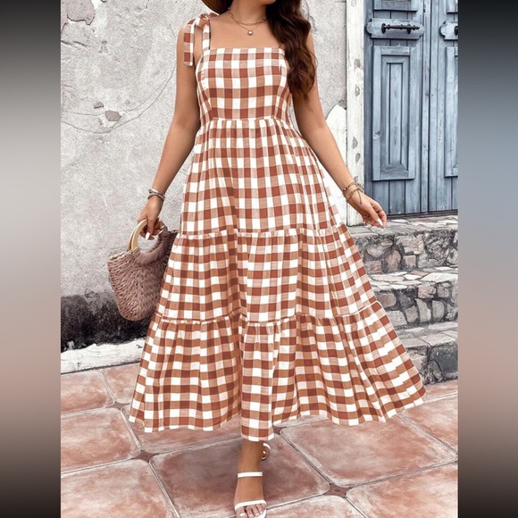 Boho brown White Plaid Gingham Ruffle Maxi Dress - Picture 1 of 6
